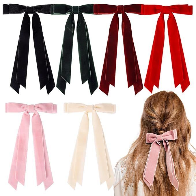6 PCS Velvet Hair Bows Hair Clips 5" Long Hair Ribbons for Women Double Fall Alligator Clips Hair... | Amazon (US)