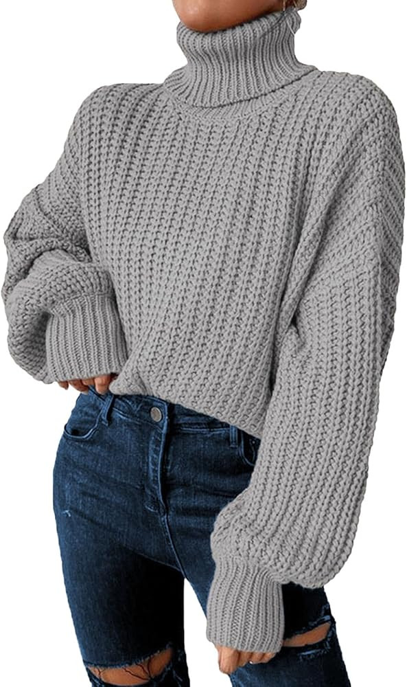 Women's Cropped Turtleneck Sweater Ribbed Knit Lantern Sleeve Pullover Sweater Jumper Fall Outfit | Amazon (US)