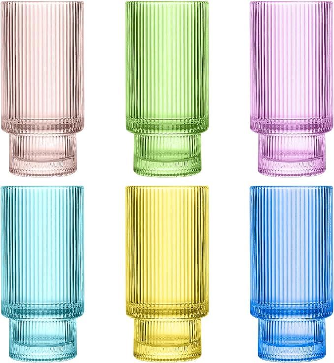 Stackable Ribbed Glass Cup Set of 6 12oz, Colored Iced Tea Glasses for Water, Beverage, Juice, Wi... | Amazon (US)