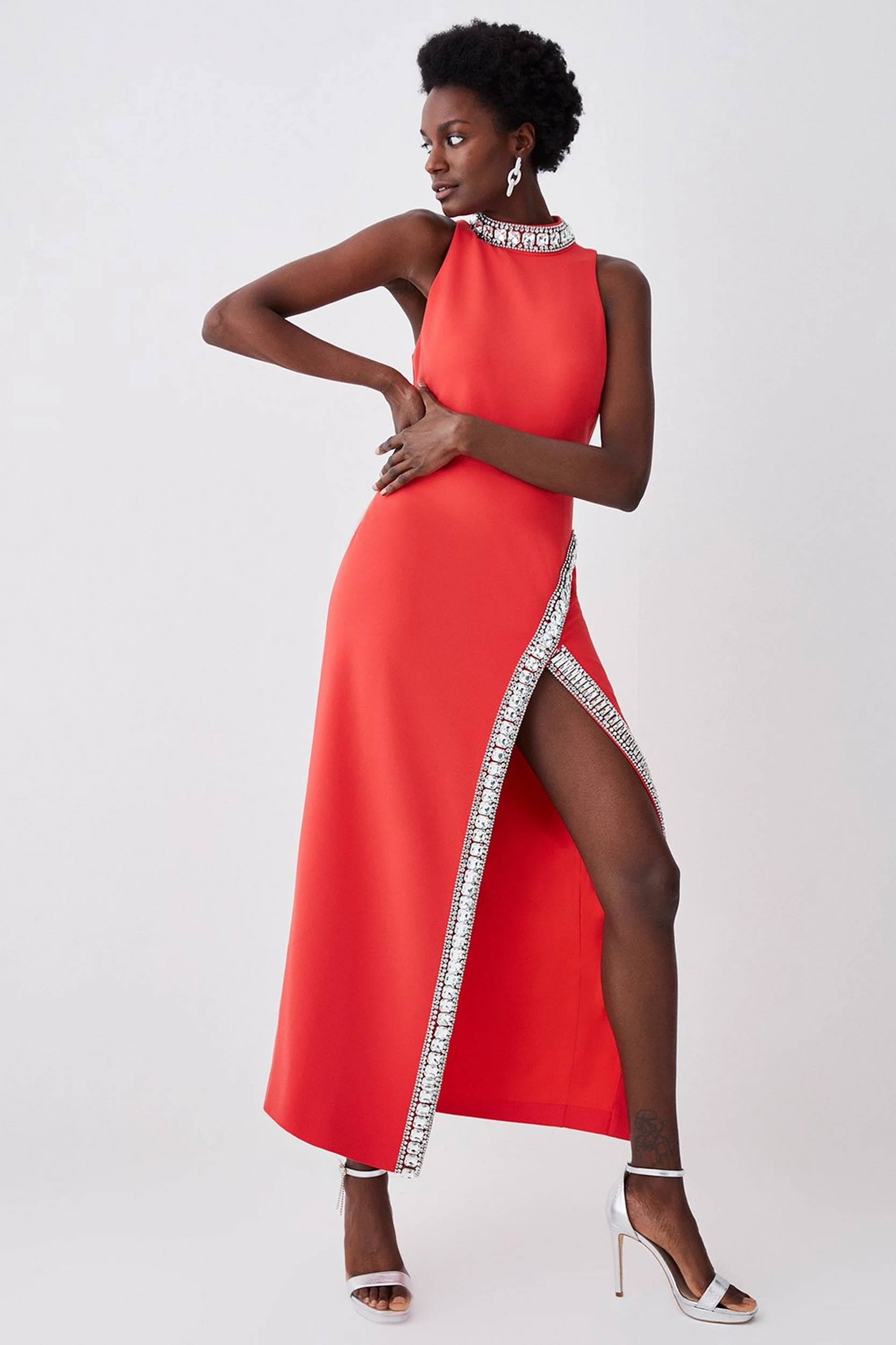 Crystal Embellished Woven Thigh Split Maxi | Karen Millen US