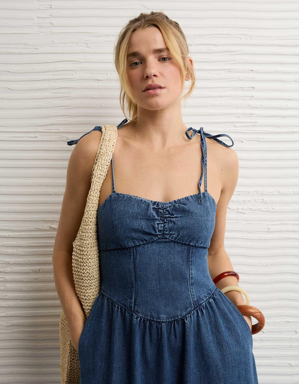 AE Sweetheart Tie-Strap Midi Dress | American Eagle UK