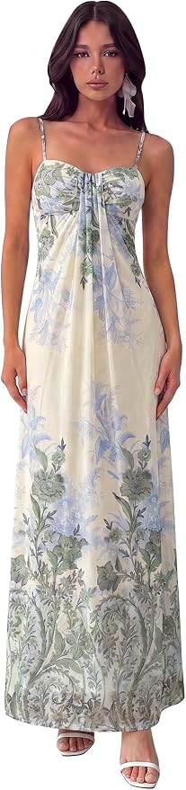 Floral Maxi Dress Elegant Long Bodycon Spaghetti Strap Beach Wedding Guest for Women 2026 Summer | Amazon (US)