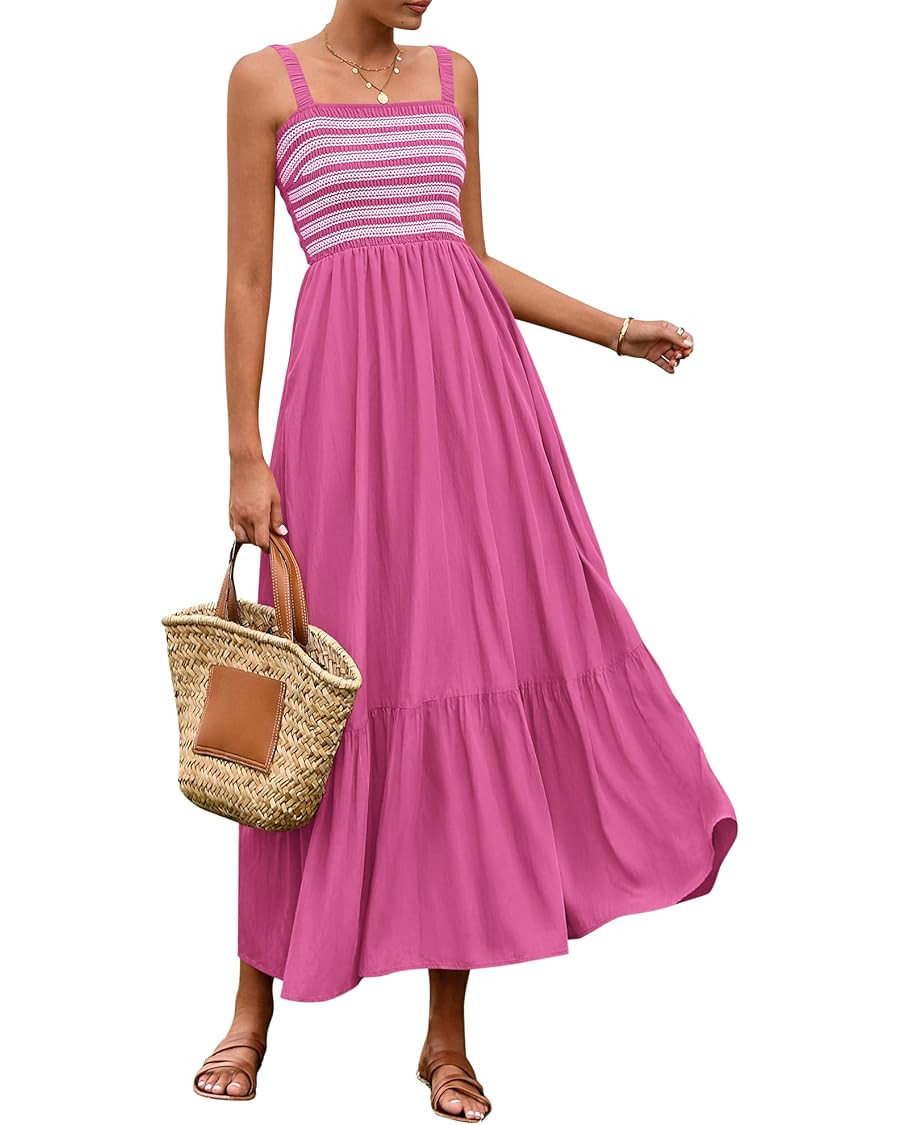 BTFBM Summer Midi Dresses for Women 2025 Spring Sleeveless Square Neck Smocked Flowy Long Beach V... | Amazon (US)