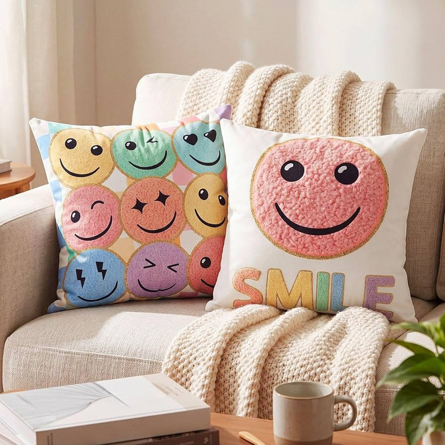 Gilprop 2 Pack Back School Throw Pillow Covers 18 x 18 Inch Pastel Smile Face Pillow Cover Smilin... | Amazon (US)