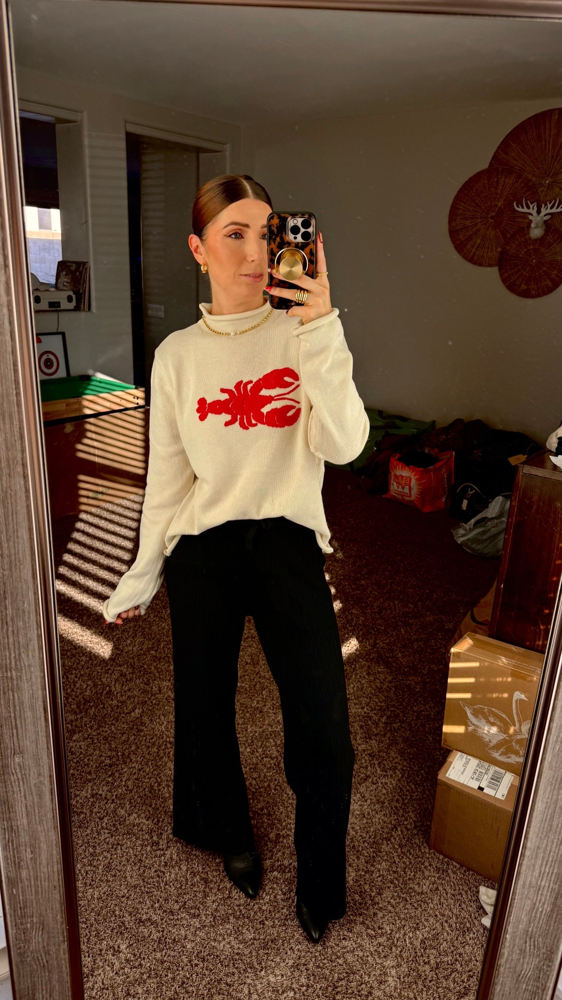 Outfit of the day, all Amazon!
•lobster sweater: size M
•black ribbed pants: size S, but should have gone with a medium to be a little longer (definitely short girl friendly)
•black boots: tts
•gold jewelry: hypoallergenic 

#LTKFindsUnder100 #LTKPetite #LTKootd