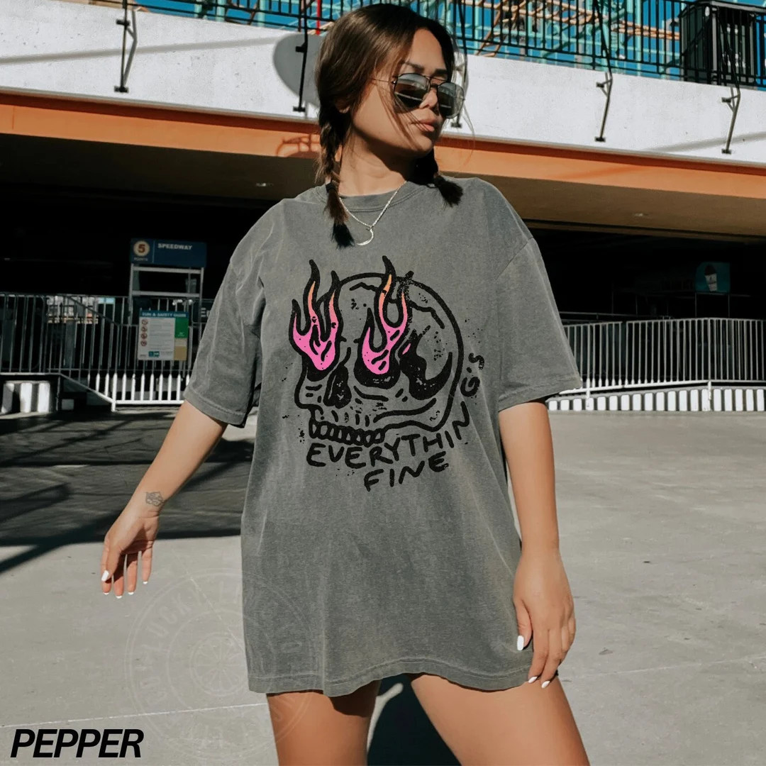 Everything is Fine Shirt, Retro Grunge Shirt, Sarcastic Shirt, Funny Skeleton Shirt, Festival Shi... | Etsy (US)