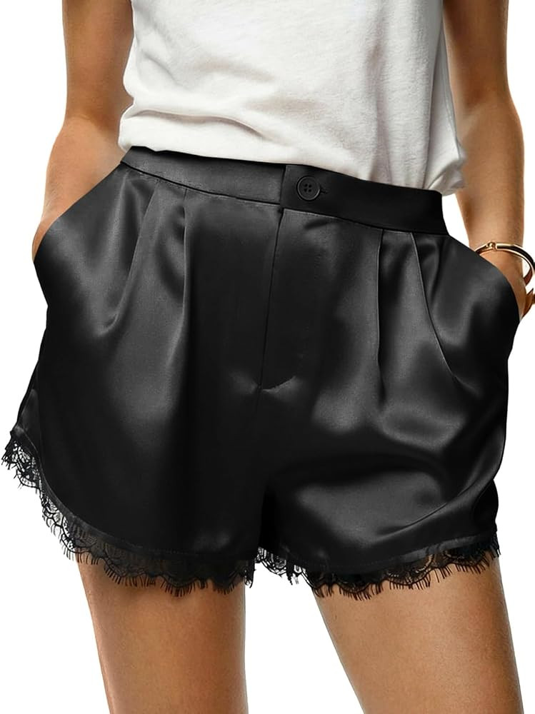Tankaneo Womens Satin Silk Shorts High Waist Lace Lounge with Pockets | Amazon (US)