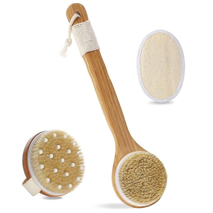 HMPLL Body Brush Set for Wet or Dry Brushing, Bath Body Scrub Brush Set with Long Handle, Natural... | Amazon (US)