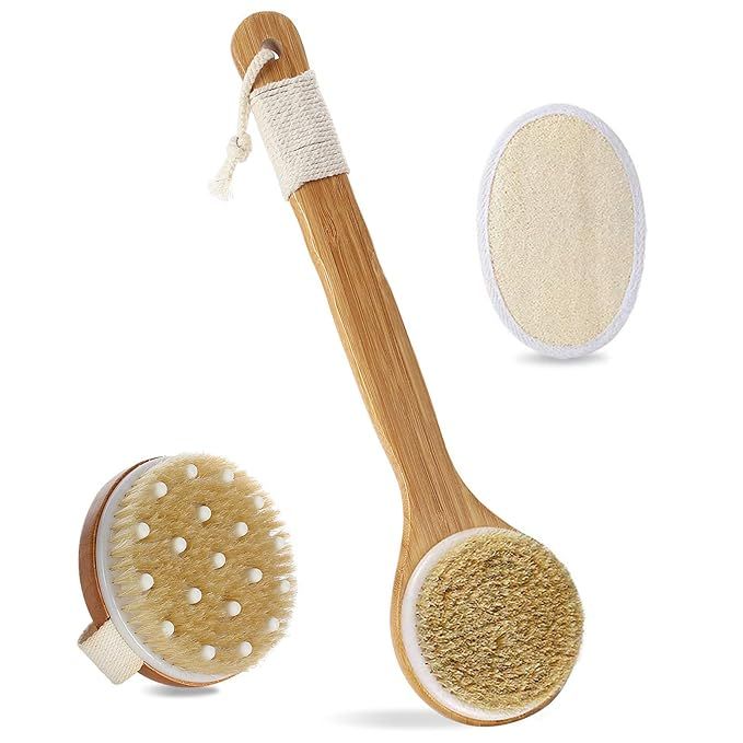 HMPLL Body Brush Set for Wet or Dry Brushing, Bath Body Scrub Brush Set with Long Handle, Natural... | Amazon (US)