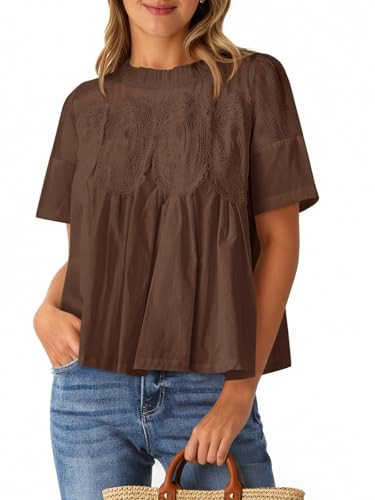 Cicy Bell Womens Babydoll Lace Blouses Short Sleeve Ruffle Crew Neck Peplum Tops Dressy Casual Loose Fit Shirt Brown | Amazon (US)