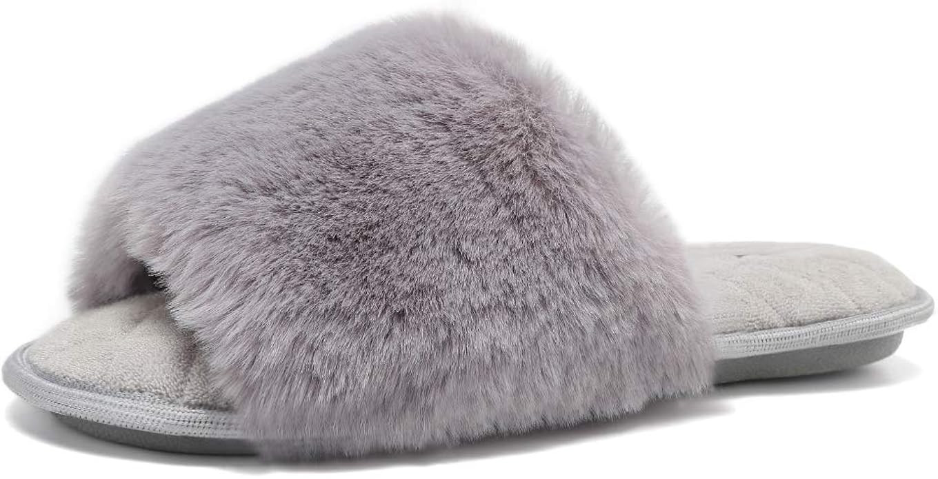 FANTURE Women's Furry Faux Fur Slippers Cozy Memory Foam House Slippers Soft Comfy Flat Slide San... | Amazon (US)