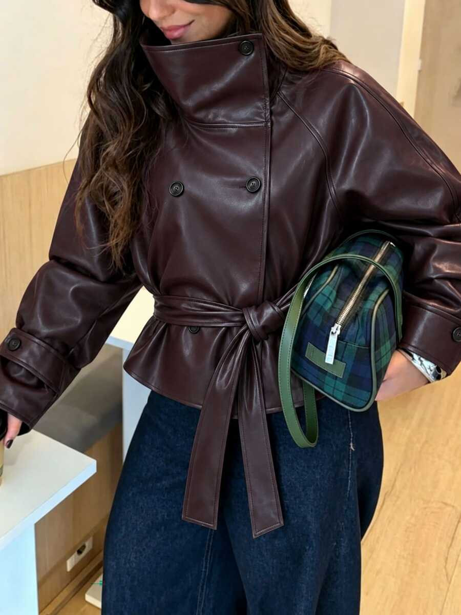Avenya Autumn/Winter PU Leather Jacket, Stand Collar Double-Breasted Cinched Waist Short Women's Trench Coat Fall | SHEIN