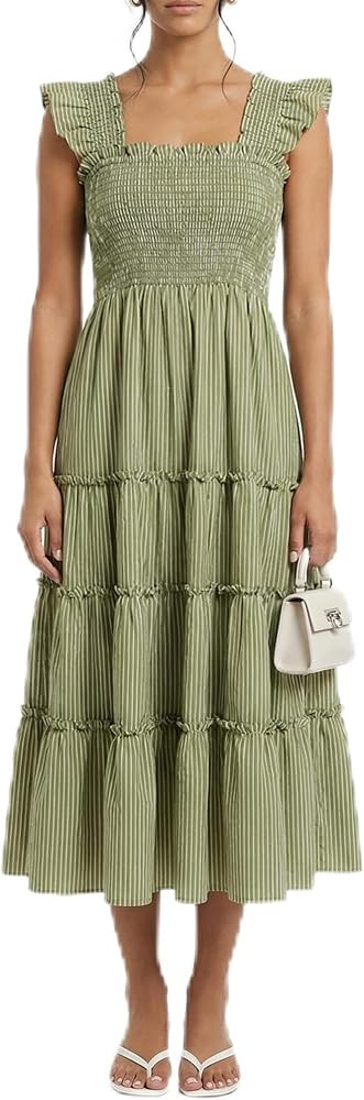 Women\u2019s Smocked Midi Dress with Ruffle Straps, Square Neck Flowy Tiered Sundress | Amazon (US)