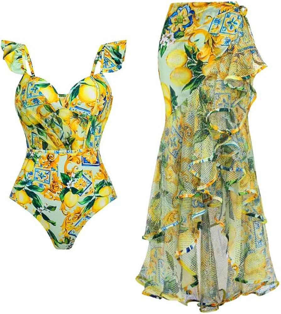 FLAXMAKER Mini Ruffle Blue Mediterranean Print One Piece Swimsuit and Mesh Splicing Sarong | Amazon (US)