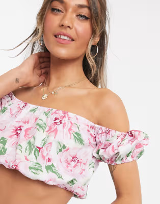 Miss Selfridge bardot crop top in ivory floral | ASOS | ASOS (Global)