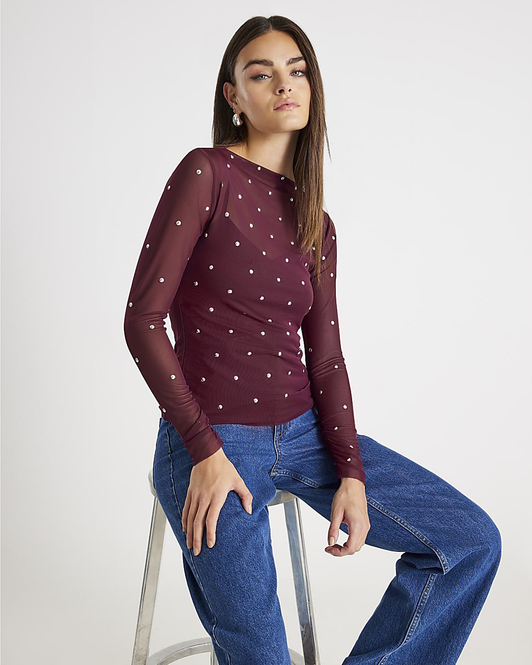 Red Mesh Long Sleeve Studded Top | River Island UK & IE