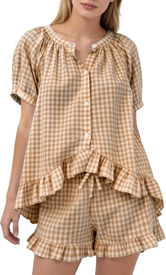 Kissonic Women Gingham 2 Piece Pajama Sets Cotton Pj Short Sleeve Rluffle Babydoll Shirt Shorts S... | Amazon (US)