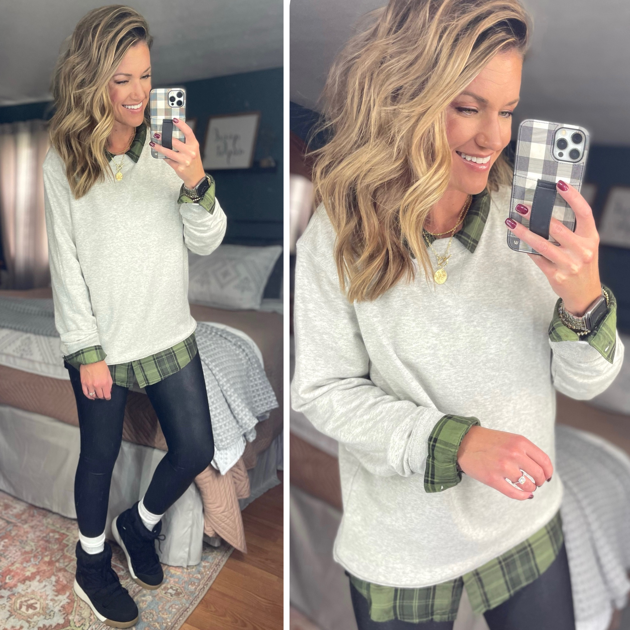 Mens department crewneck layered and paired with faux leather leggings 
Sweatshirt / med
Flannel /0X
Leggings / large 
Boots /tts

#LTKSeasonal #LTKstyletip