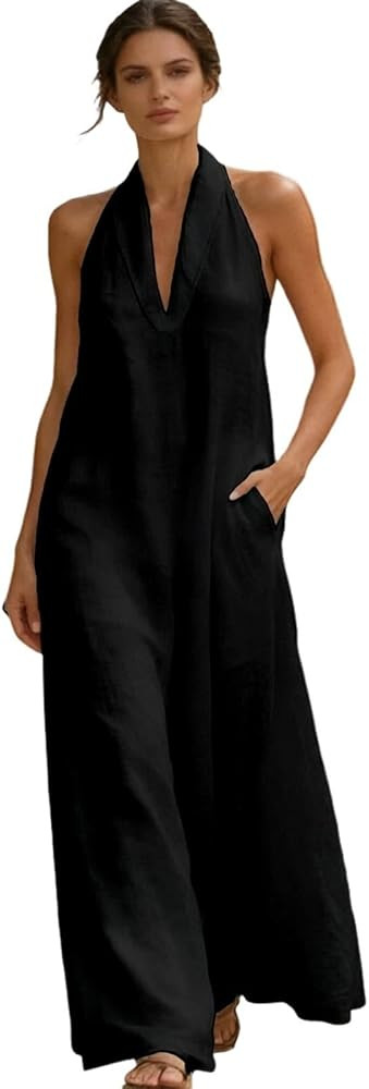 Linen Dress Women Cotton Halter V Neck Maxi Dresses Sleeveless Flowy Long Dress Casual Summer Bea... | Amazon (US)