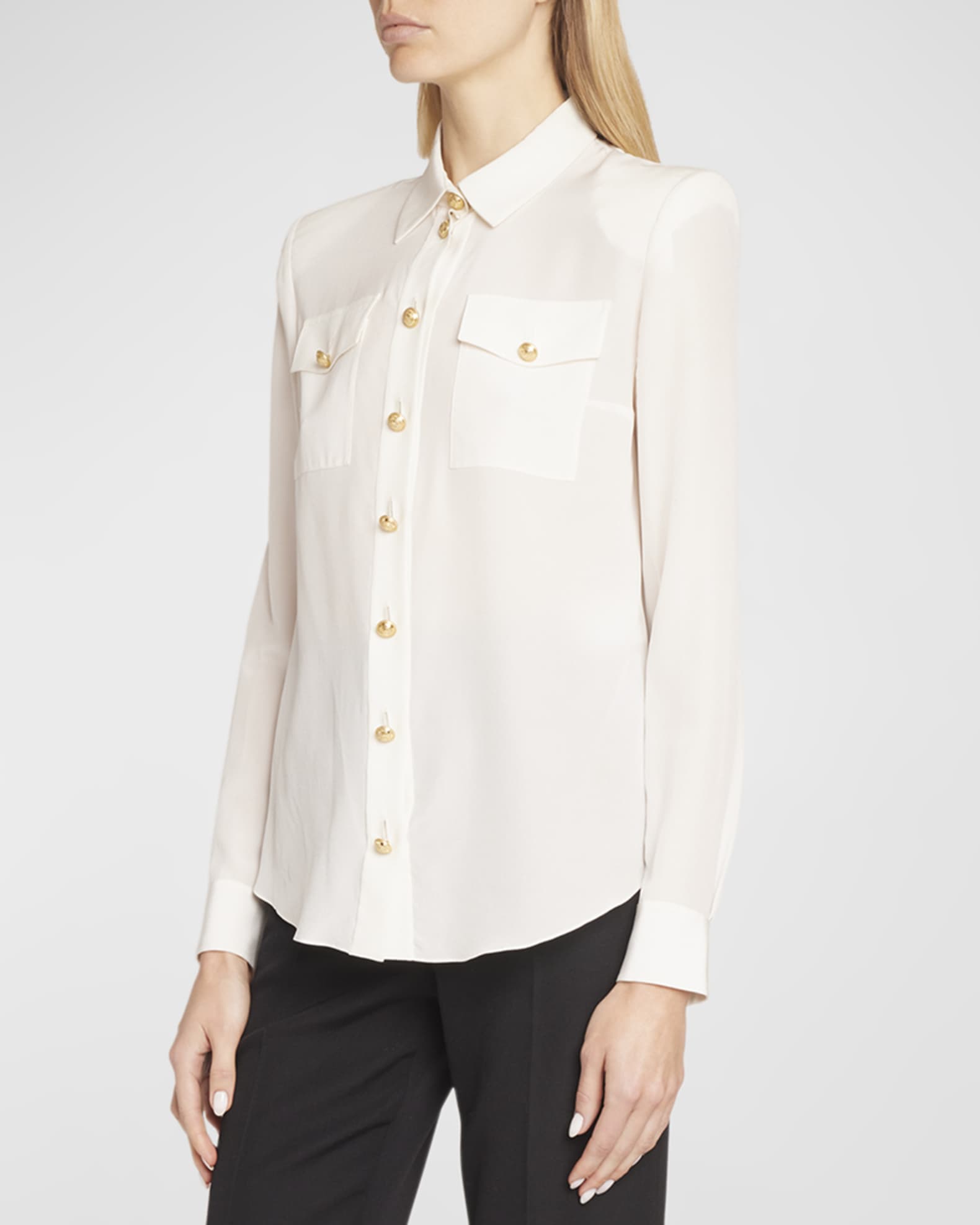 2-Pockets Crepe De Chine Buttoned Shirt | Neiman Marcus