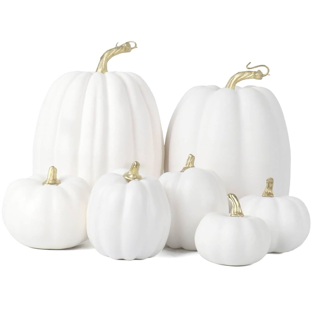7 Pcs Assorted White Plastic Pumpkins for Decorating - Artificial Foam Pumpkins for Fall Decor, T... | Amazon (US)