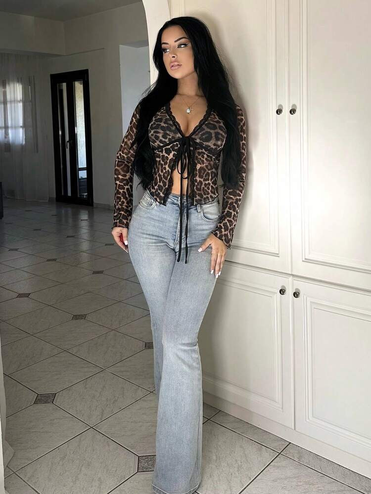 Vassilux Open Front Leopard Print Mesh & Lace Contrast,Ladies Sexy Contrast Lace,Tie Front Flare ... | SHEIN