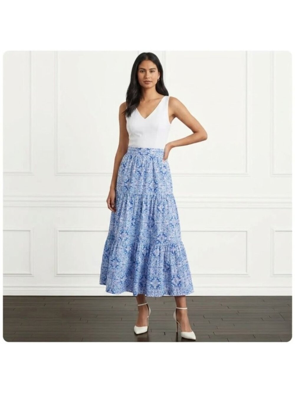 NWT Hill House Camilla in Blue Mosaic Cotton Tiered A-line Maxi Skirt M | Poshmark