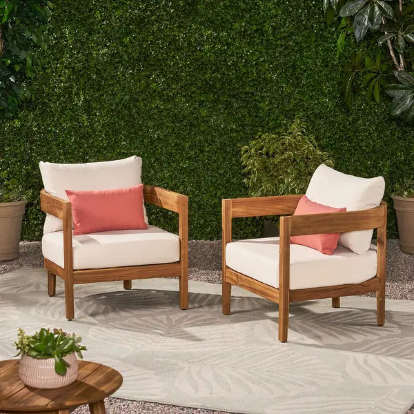 Brooklyn Outdoor Acacia Wood Club Chair with Cushions (Set of 2) by Christopher Knight Home - Bed... | Bed Bath & Beyond