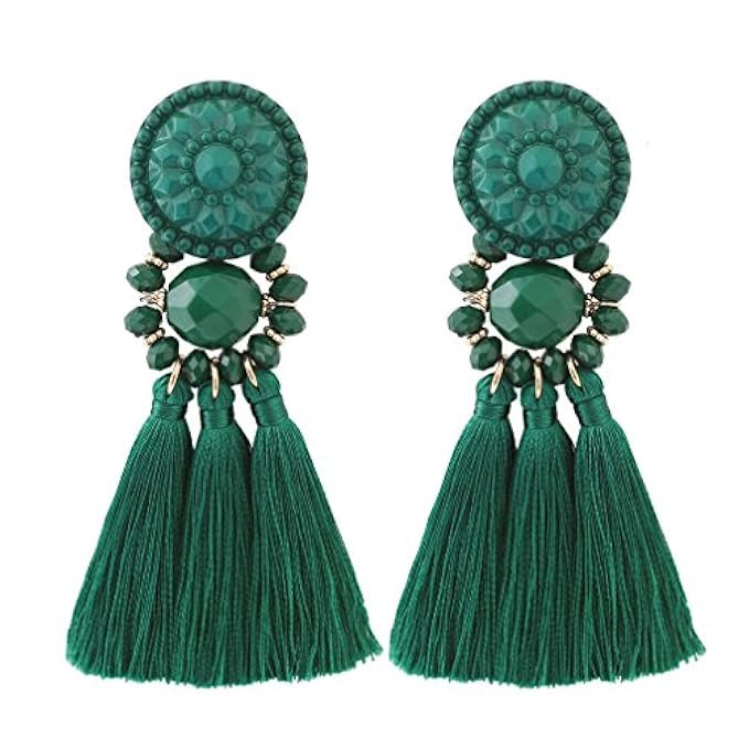 boderier Bohemian Statement Thread Tassel Chandelier Drop Dangle Earrings with Cassandra Button Stud | Amazon (US)