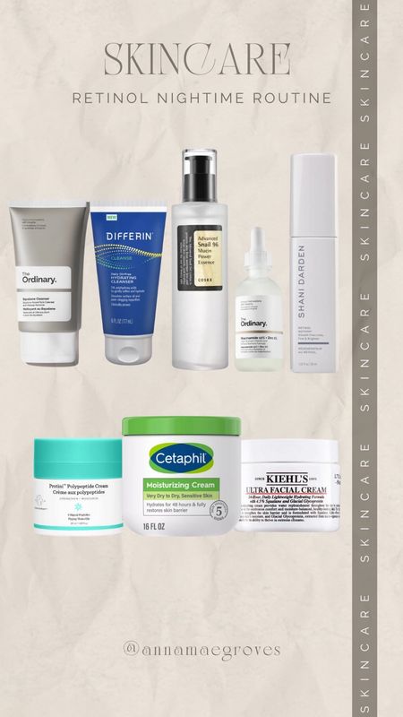 My current nighttime skincare routine when using retinol! Makes me feel so refreshed & clean. Here are the products in order of use: The Ordinary Squalane Cleanser, Differin Hydrating Cleanser, Cosrx Essence, The Ordinary Niacinamide, Shani Darden Retinol Reform, and Cetaphil Moisturizing Cream but you can also use Drunk Elephant Polypeptide cream or Khiehl’s Ultra Facial Cream which are some of my faves. I also use La Mer for my eyes - great if you have eczema like me!

#LTKHoliday #LTKover40 #LTKbeauty