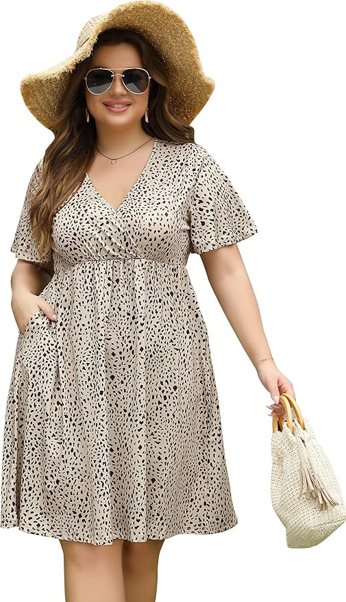 AMZ PLUS Plus Size Casual Dress Women's V Neck A-Line Knee Length Wrap Dress Swing Dresses Plus S... | Amazon (US)