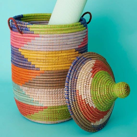 Senegal Large Hand Woven Grass Colorful Herringbone Basket with Hooded Lid | Etsy (US)