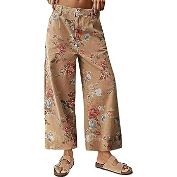 loveimgs Women Mid Rise Cropped Wide Leg Jeans Baggy Floral Ankle Pants Denim Capris Flare Print ... | Amazon (US)