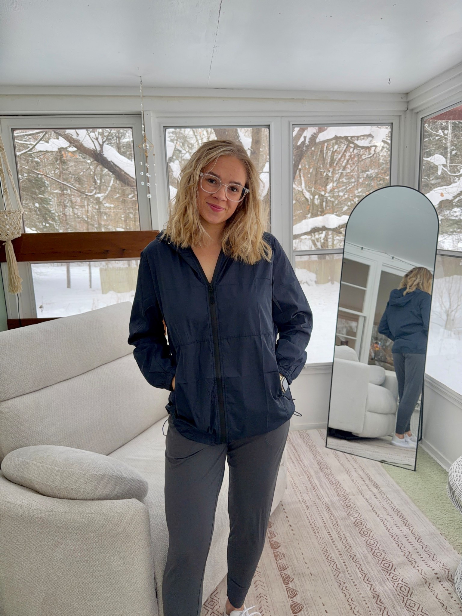 Waterproof rain coat, joggers with pockets and tennis shoes! 

#LTKActive #LTKfitnessgoals