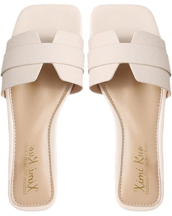 OYOANGLE Women's Square Open Toe Leather Slide Sandals Single Band Summer Dressy Slides | Amazon (US)