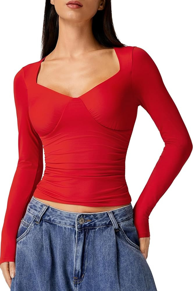 QINSEN Long Sleeve Shirts for Women V Neck Double Lined Seamed Cup Going Out Tops Side Ruched T-S... | Amazon (US)