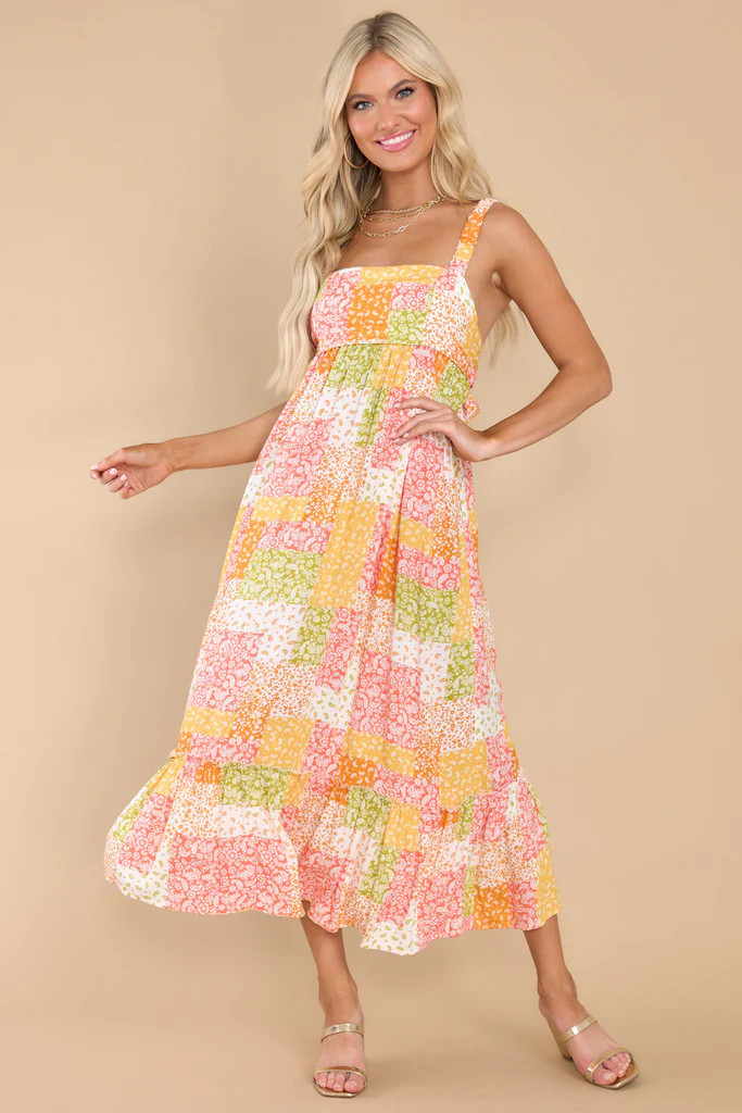 Easy Breezy Coral Multi Patchwork Dress | Red Dress 