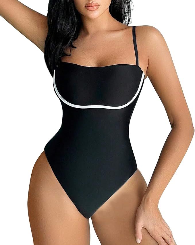 Women One Piece Tummy Control Bathing Suit High Cut Swimsuit Bottom Color Block Square Neck Push ... | Amazon (US)
