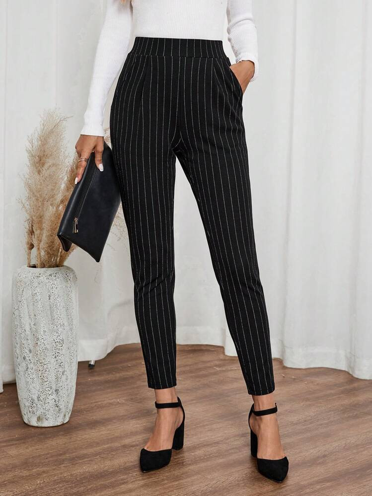 EMERY ROSE Women's Black Striped Pocket Skinny Casual Pants Dress Pants Fall Pants | SHEIN