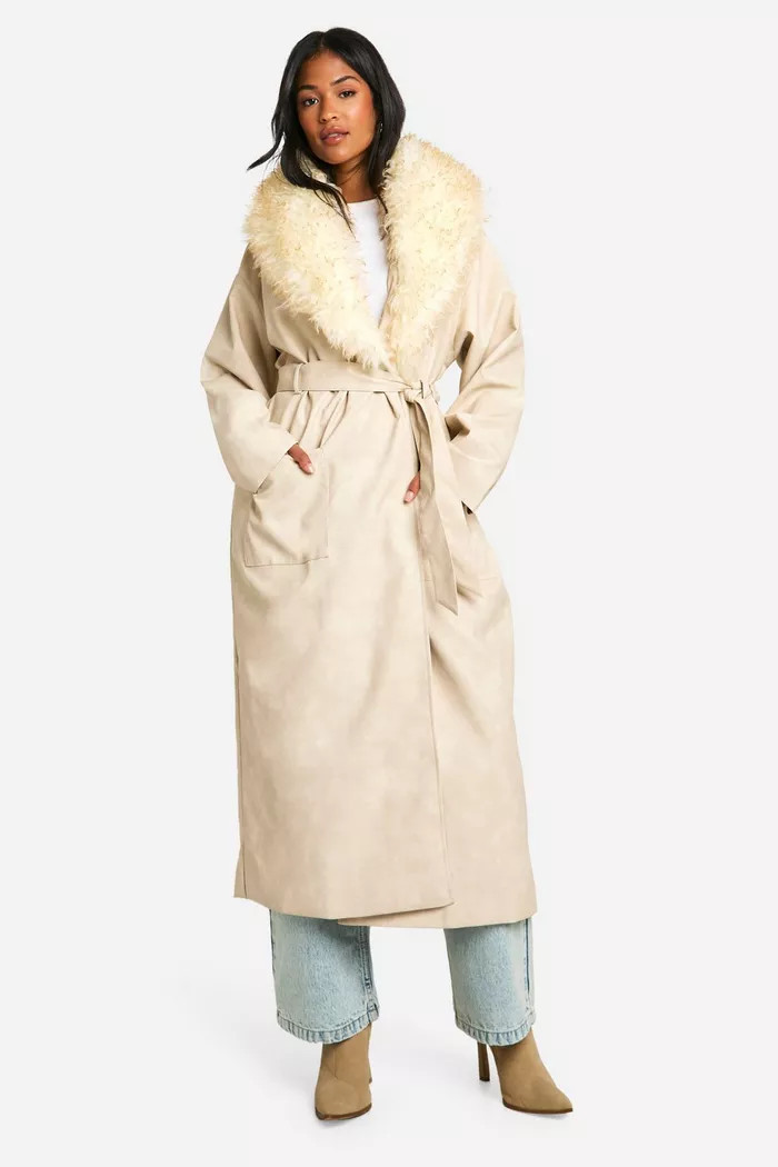 Tall Faux Fur Collar Vintage Look Faux Leather Trench Coat | boohoo (US & Canada)