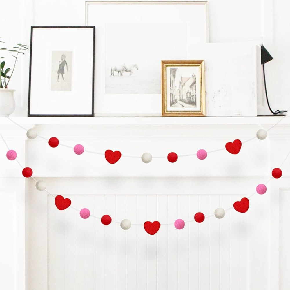 Valentine's Day Felt Garlands, Colorful Ball and Heart Ball Felt Pom Pom Garland Banners for Vale... | Amazon (US)