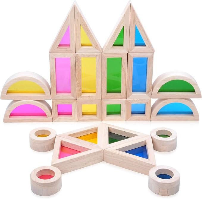Wooden Building Blocks Set 24pcs, Wooden Blocks for Toddlers, Rainbow Sensory Toys, Wooden Toys, ... | Amazon (US)