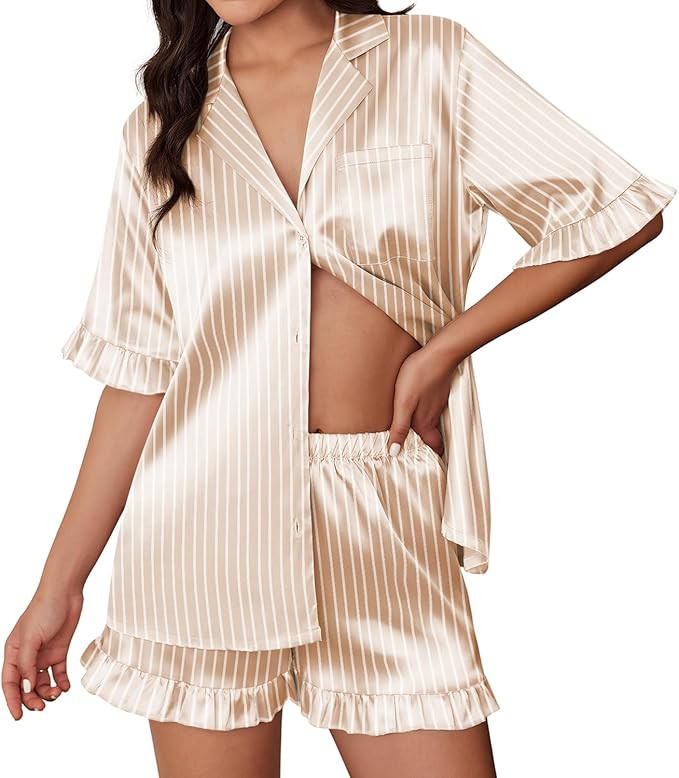 Ekouaer Womens Satin Pajamas Cute Ruffle Sleeve Printed Sleepwear Button Down Silk Pjs Set | Amazon (US)