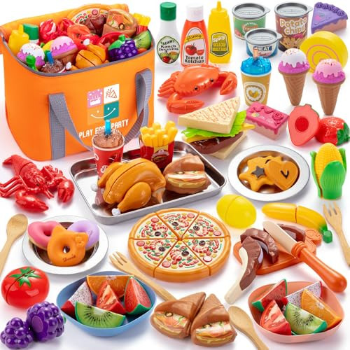 Juboury Pretend Play Food Set for Toddlers, Cutting Toy Food with Storage Bag, Stainless Steel Tray and Plates, Food Toys with Veggies, Fruits, Dessert, Pizza Toy, Play Kitchen Accessories for Kids | Amazon (US)