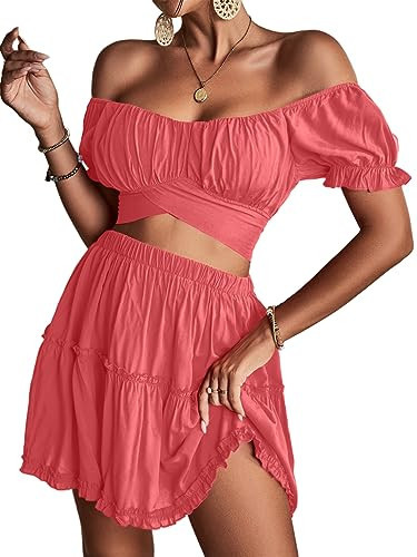 LYANER Women's 2 Piece Outfits Off Shoulder Tie Up Back Crop Top and Mini Skirt Set Coral Pink X-Large | Amazon (US)