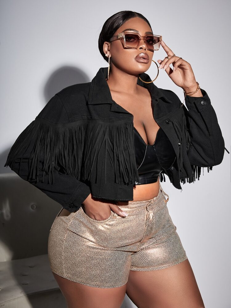 SHEIN SXY Plus Fringe Trim Drop Shoulder Denim Jacket | SHEIN