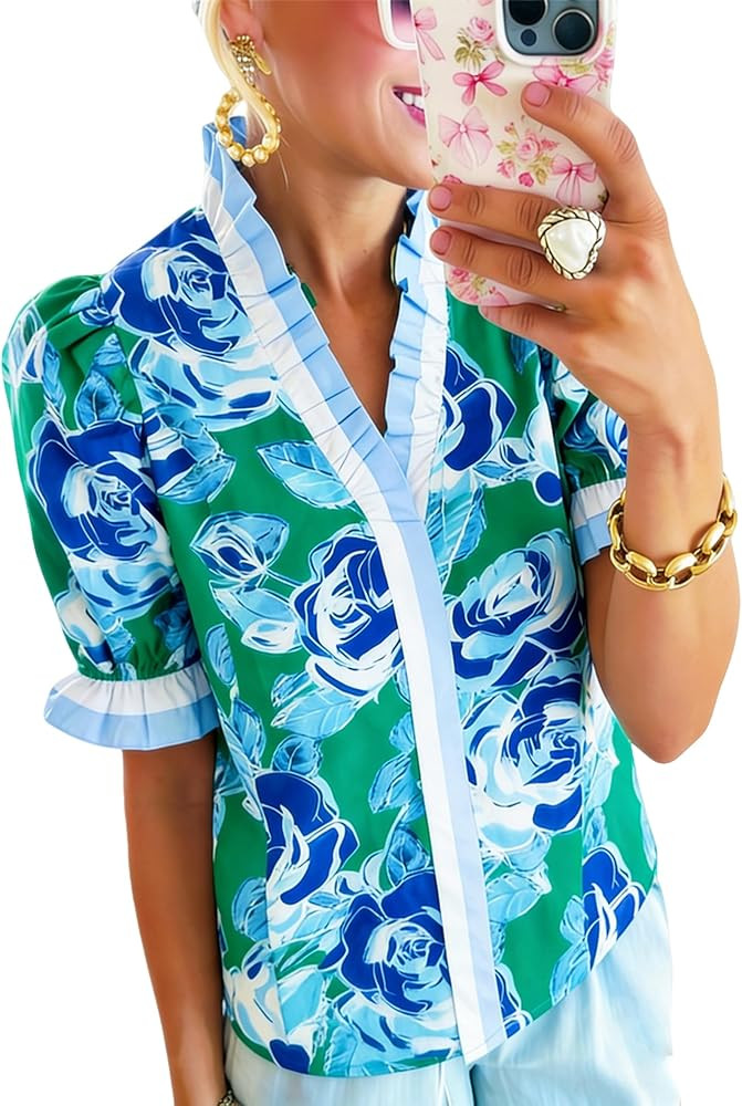 Womens Ruffle Trim Floral Blouse Short Puff Sleeve V Neck Button Down Shirts Top | Amazon (US)