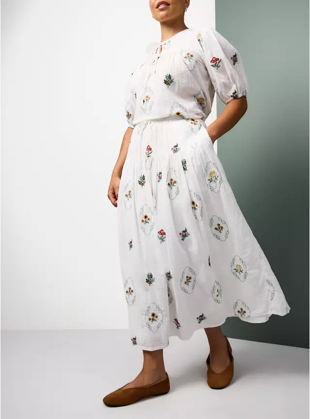Buy Tu x Morris & Co. White Kelmscott Trellis Embroidered Print Midaxi Skirt 8 | Skirts | Tu | Tu Clothing