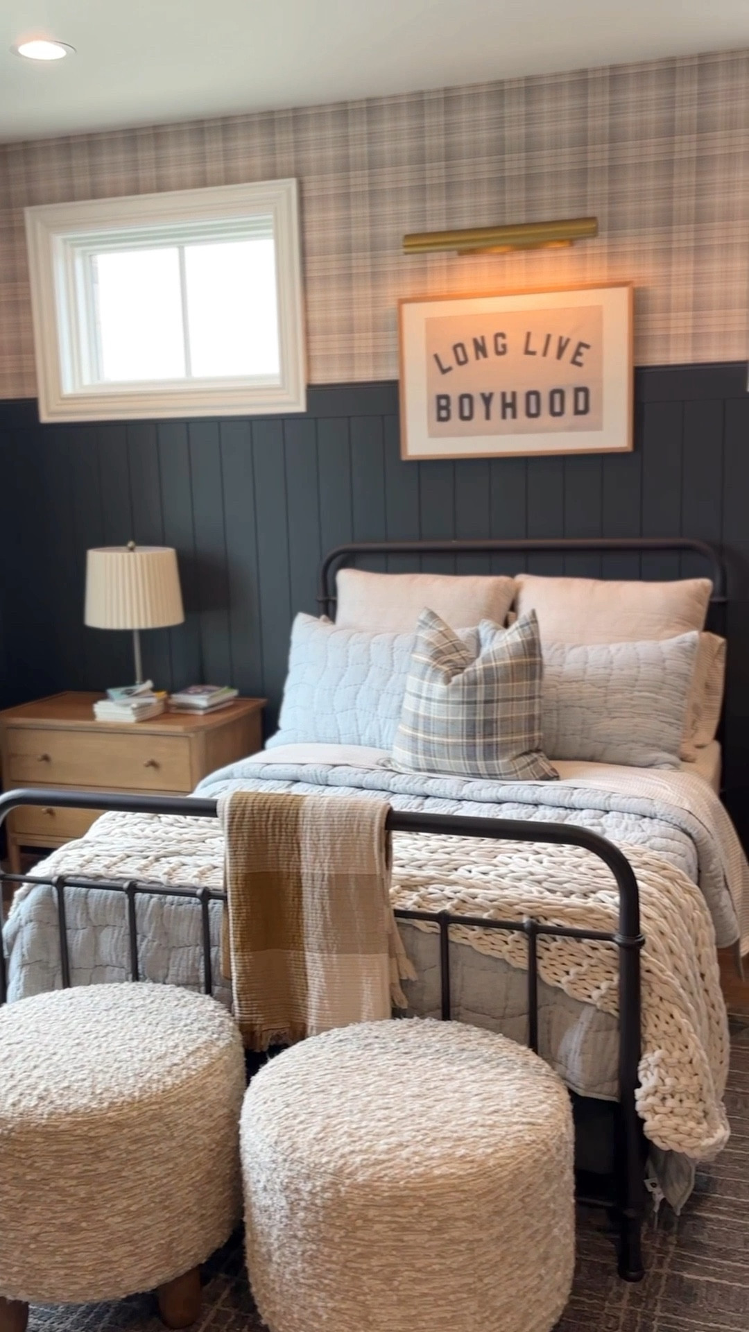 Boy’s room either black shiplap - paint color is “Iron Ore” SW. includes bed frame, bedding, dresser, plaid wallpaper. Masculine Ralph Lauren inspired hockey boy bedroom.  

#LTKKids #LTKFamily #LTKHome