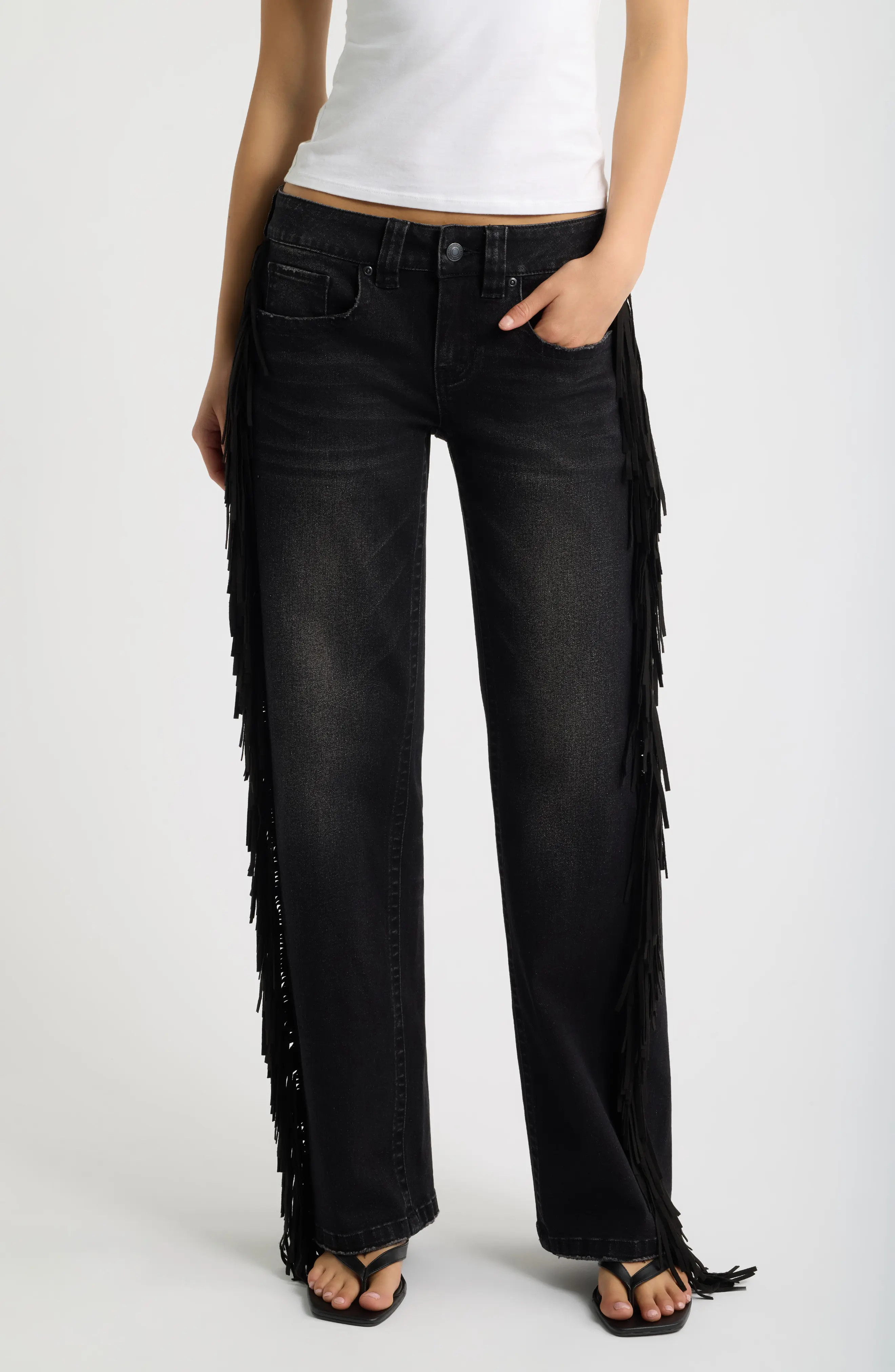 Fade Out Loud Fringe Low Rise Relaxed Straight Leg Jeans in Black Wash at Nordstrom, Size 26 | Nordstrom